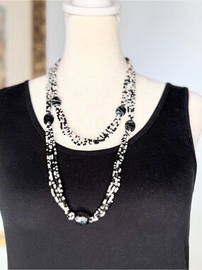 Black White Multi Strand Seed Bead Necklace Long Boho Statement 48” NWOT